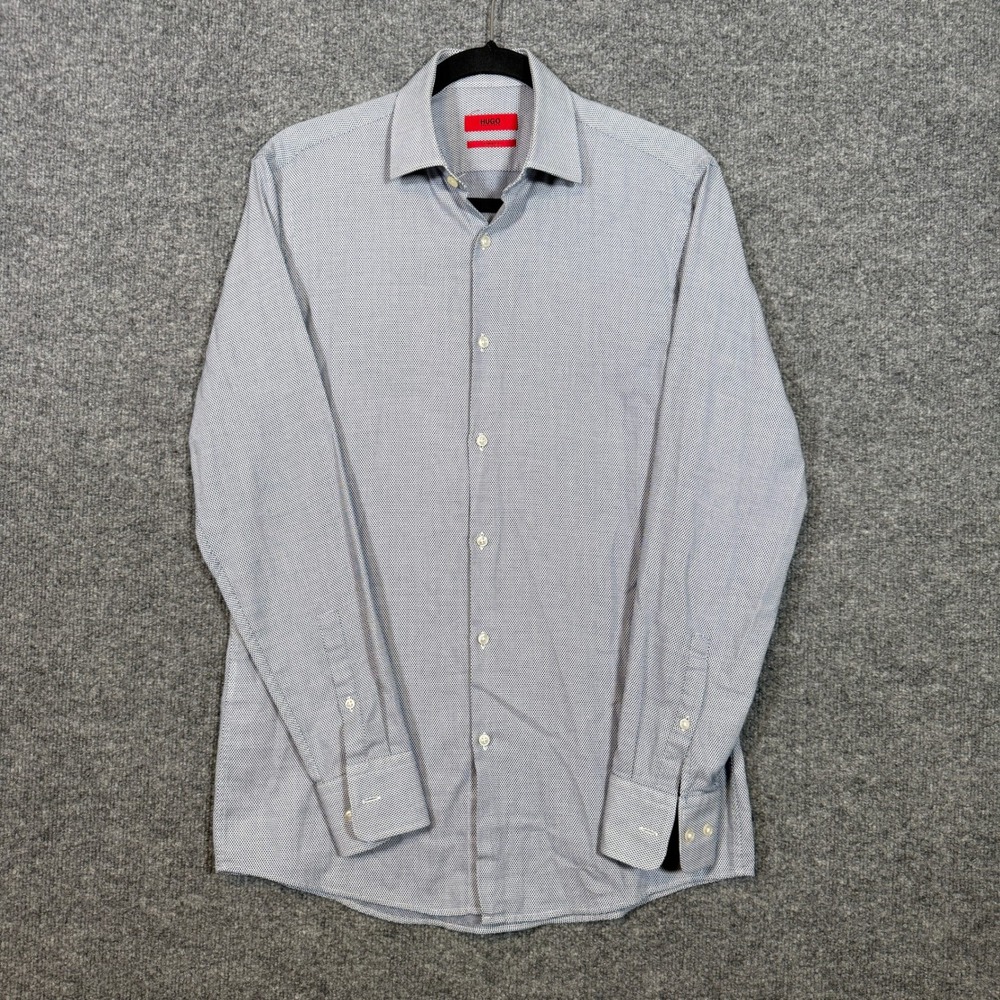 Hugo Boss Shirt Mens 14.5 32/33 Blue Sharp Fit Geometric Micro Print Button Up
